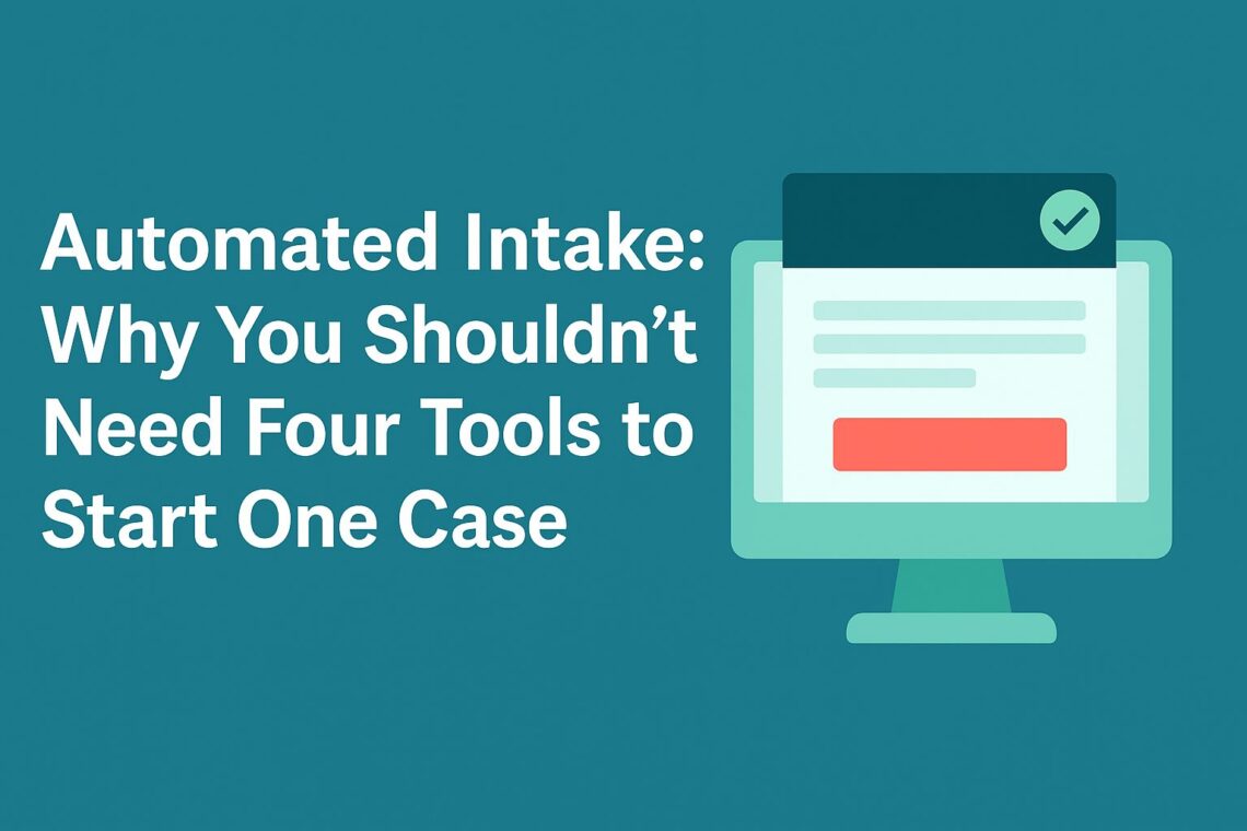 Illustration of a computer screen showing a clean intake form interface with teal and blue ADR Notable brand colors, representing Automated Intake for mediators.