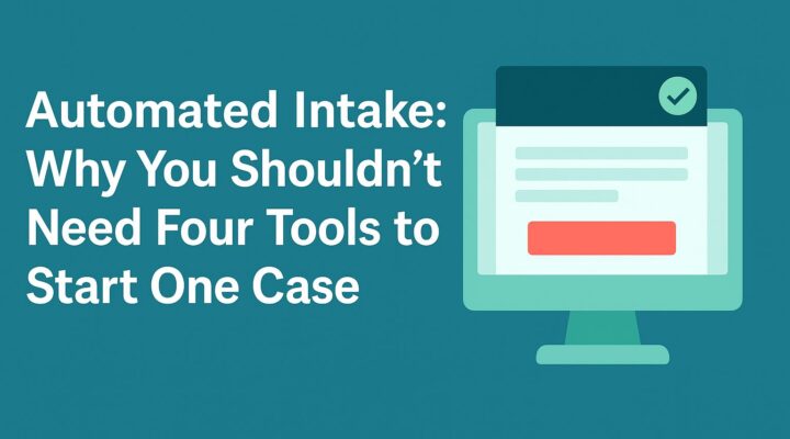 Illustration of a computer screen showing a clean intake form interface with teal and blue ADR Notable brand colors, representing Automated Intake for mediators.