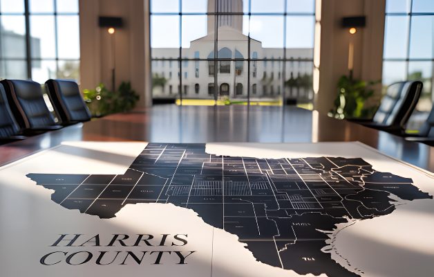 Map of Harris County, Texas, displayed on a conference table in a modern government office