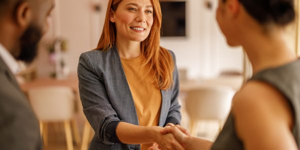 Female Mediator shaking hands with a client